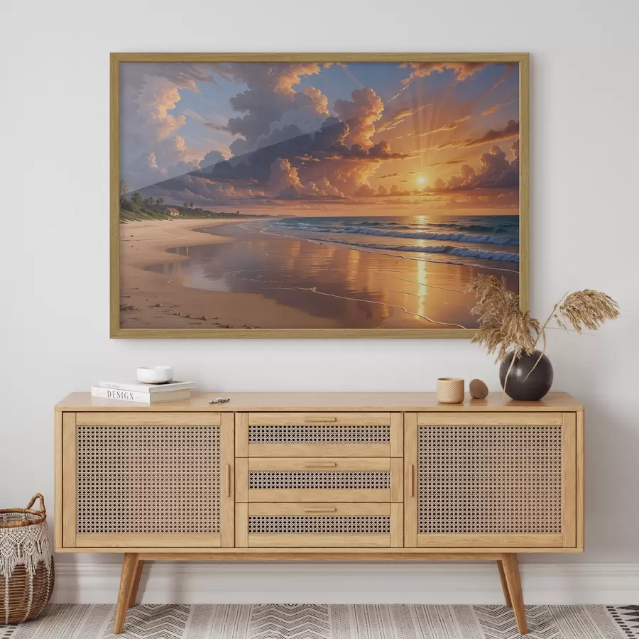 Papier peint Coucher de soleil spectaculaire sur une plage tropicale, avec des nuages orange et roses se reflétant dans les eaux calmes f40599