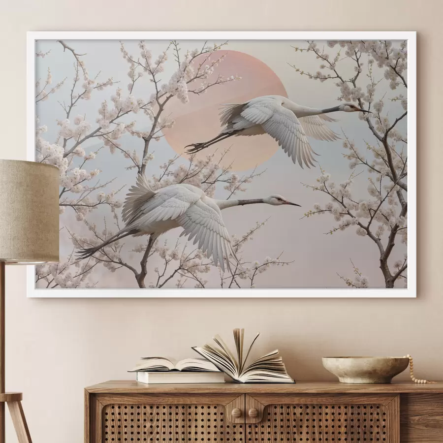 Papier peint Deux grues blanches volant parmi les cerisiers en fleurs dans un ciel rose au coucher du soleil f40601