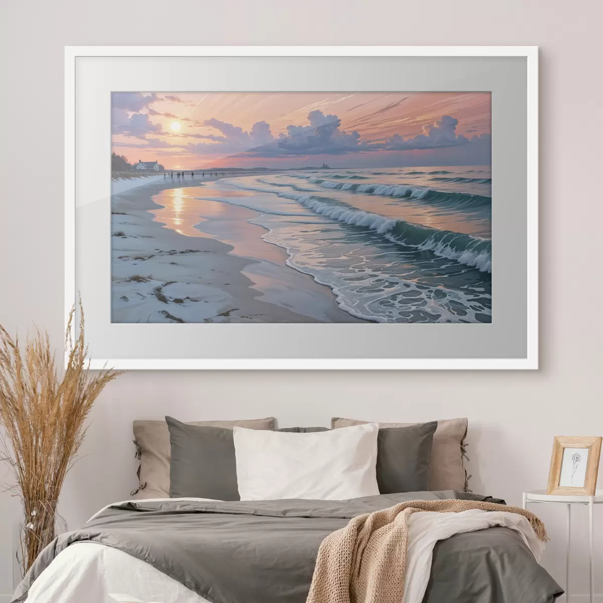 Poster Une scène de plage sereine au coucher du soleil, avec de douces vagues s'échouant sur le rivage sablonneux f40606