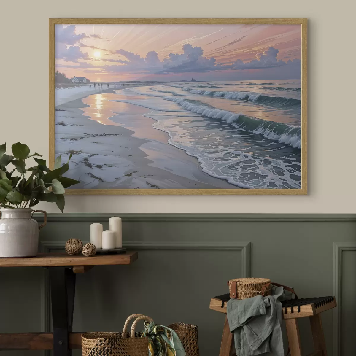Poster Une scène de plage sereine au coucher du soleil, avec de douces vagues s'échouant sur le rivage sablonneux f40606