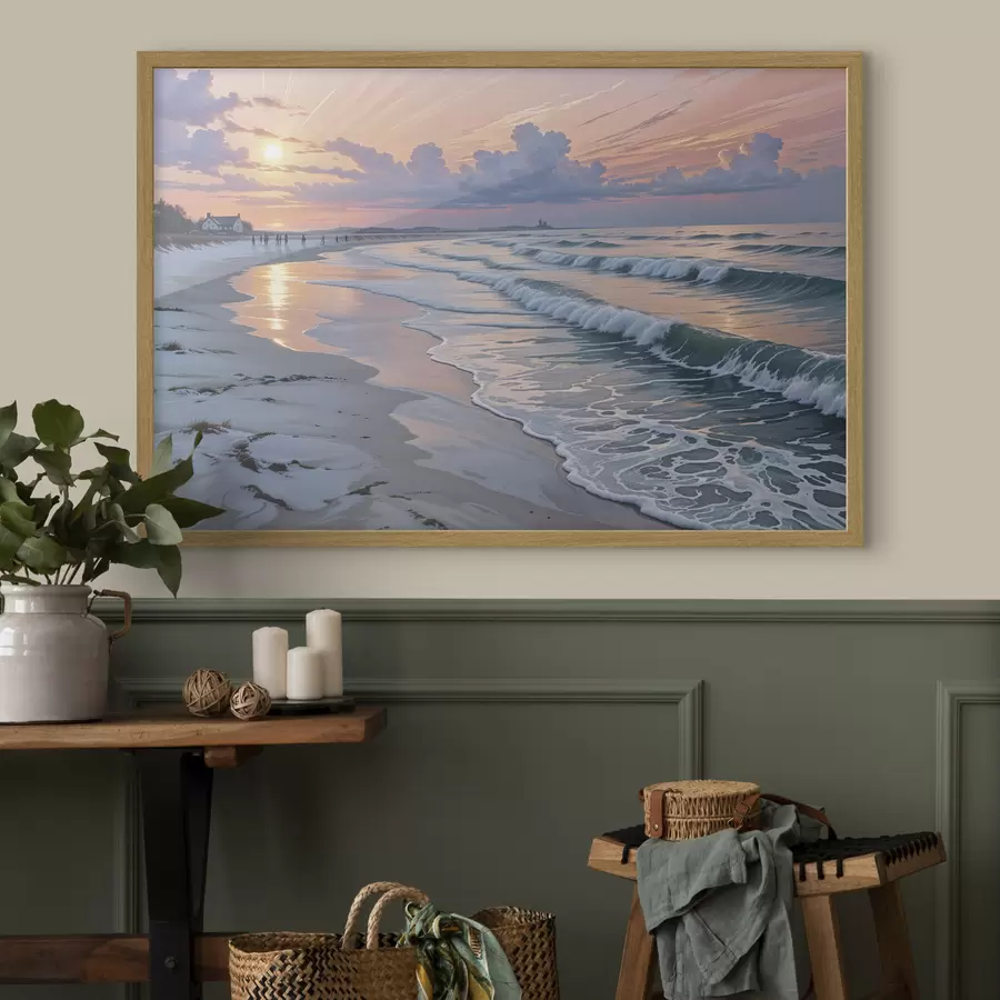 Papier peint Une scène de plage sereine au coucher du soleil, avec de douces vagues s'échouant sur le rivage sablonneux f40606