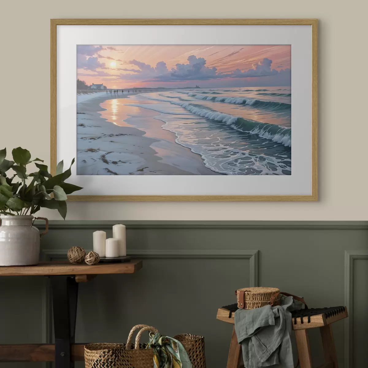 Poster Une scène de plage sereine au coucher du soleil, avec de douces vagues s'échouant sur le rivage sablonneux f40606