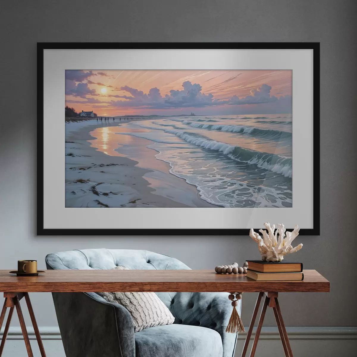 Poster Une scène de plage sereine au coucher du soleil, avec de douces vagues s'échouant sur le rivage sablonneux f40606
