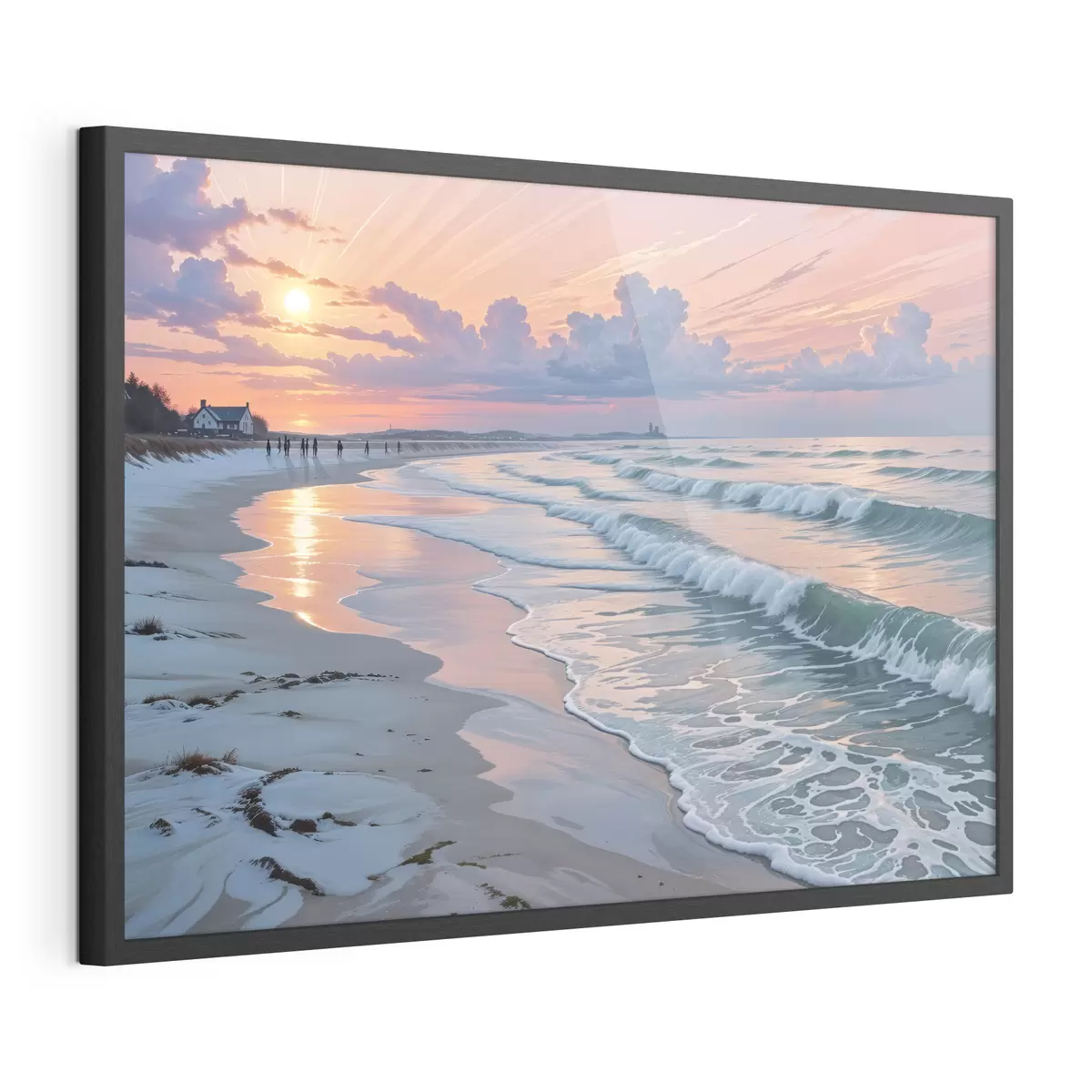 Poster Une scène de plage sereine au coucher du soleil, avec de douces vagues s'échouant sur le rivage sablonneux f40606