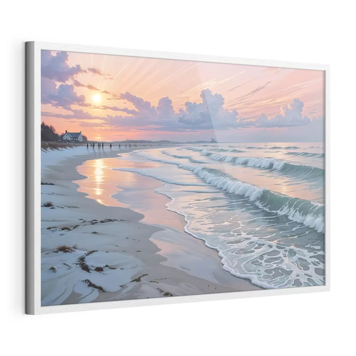 Poster Une scène de plage sereine au coucher du soleil, avec de douces vagues s'échouant sur le rivage sablonneux f40606