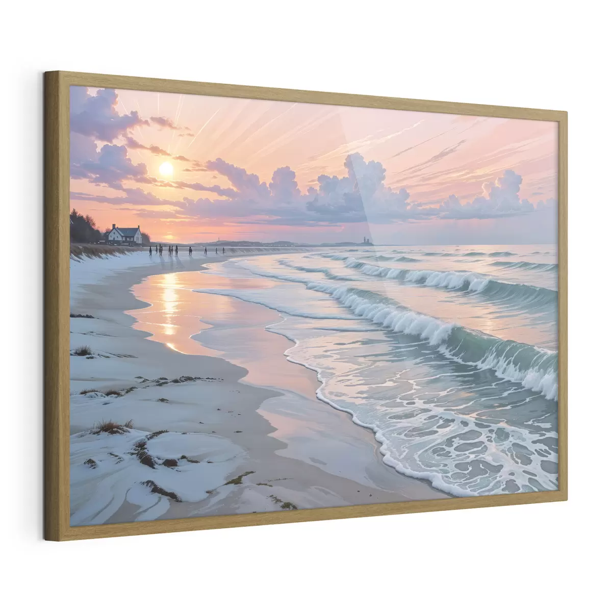 Poster Une scène de plage sereine au coucher du soleil, avec de douces vagues s'échouant sur le rivage sablonneux f40606