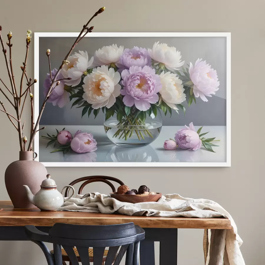 Papier peint Un bouquet de grandes fleurs luxuriantes de pivoines blanches et roses dans un vase en verre sur un fond gris f40610