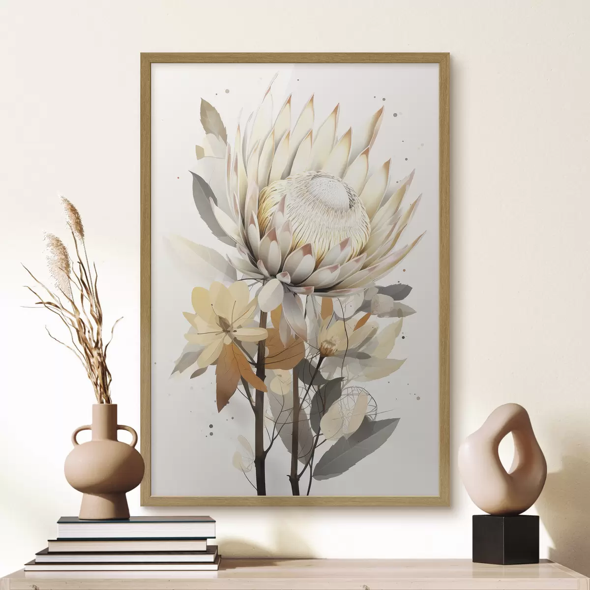 Poster Magnifiques fleurs de protéa avec des feuilles luxuriantes, couleurs douces et beiges, coton f40817