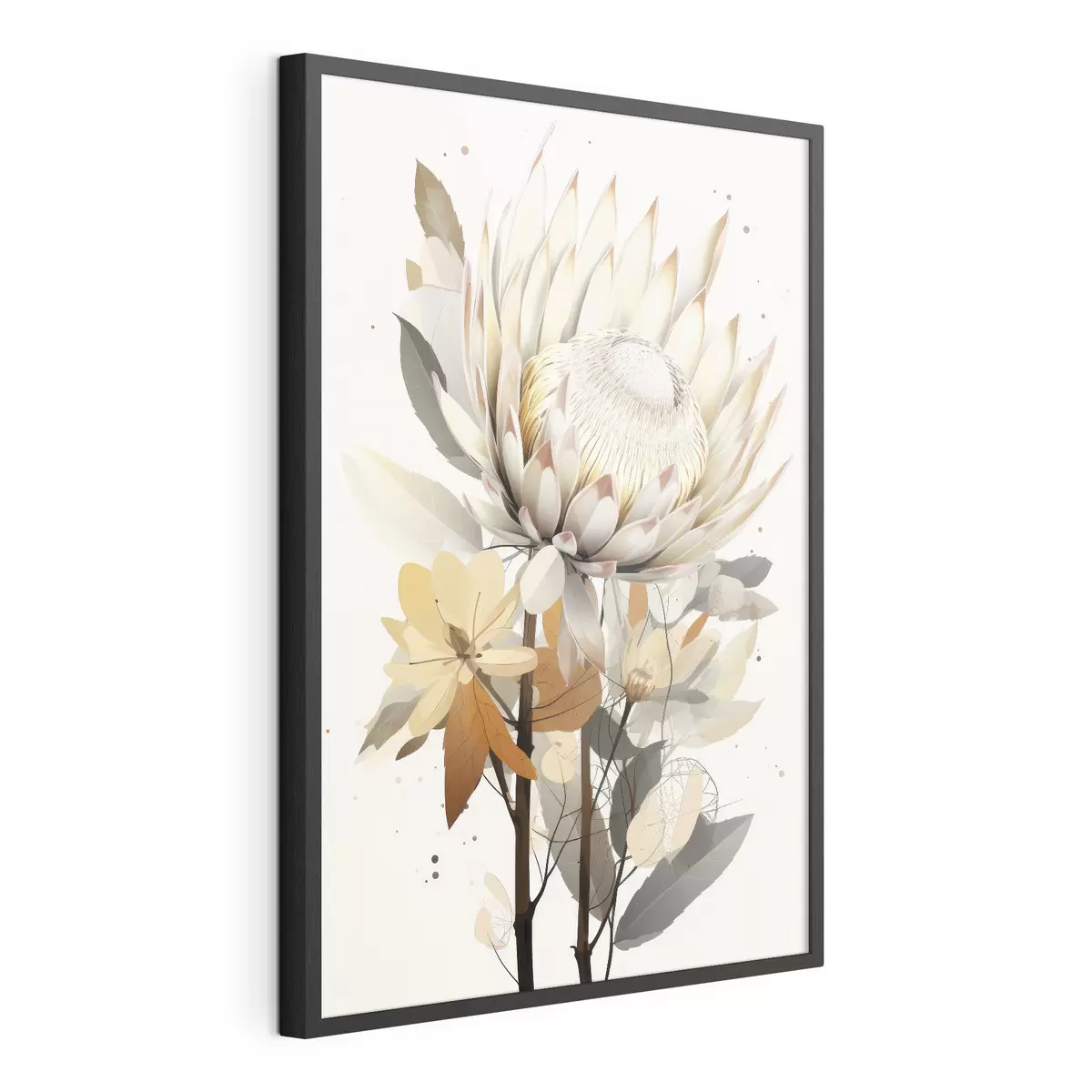 Poster Magnifiques fleurs de protéa avec des feuilles luxuriantes, couleurs douces et beiges, coton f40817