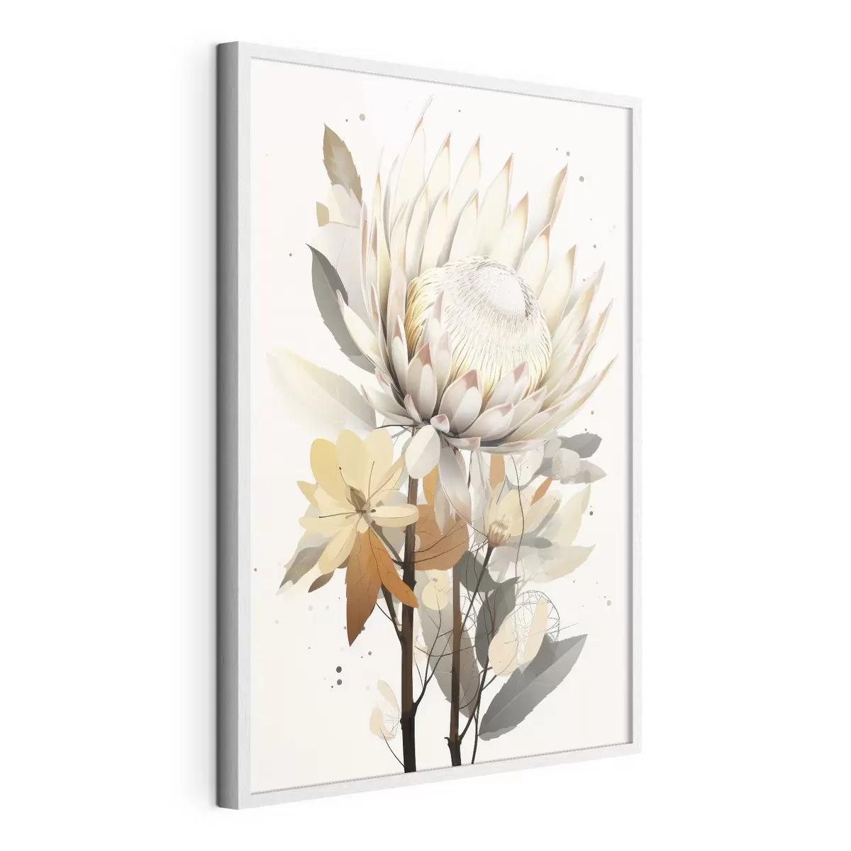 Poster Magnifiques fleurs de protéa avec des feuilles luxuriantes, couleurs douces et beiges, coton f40817