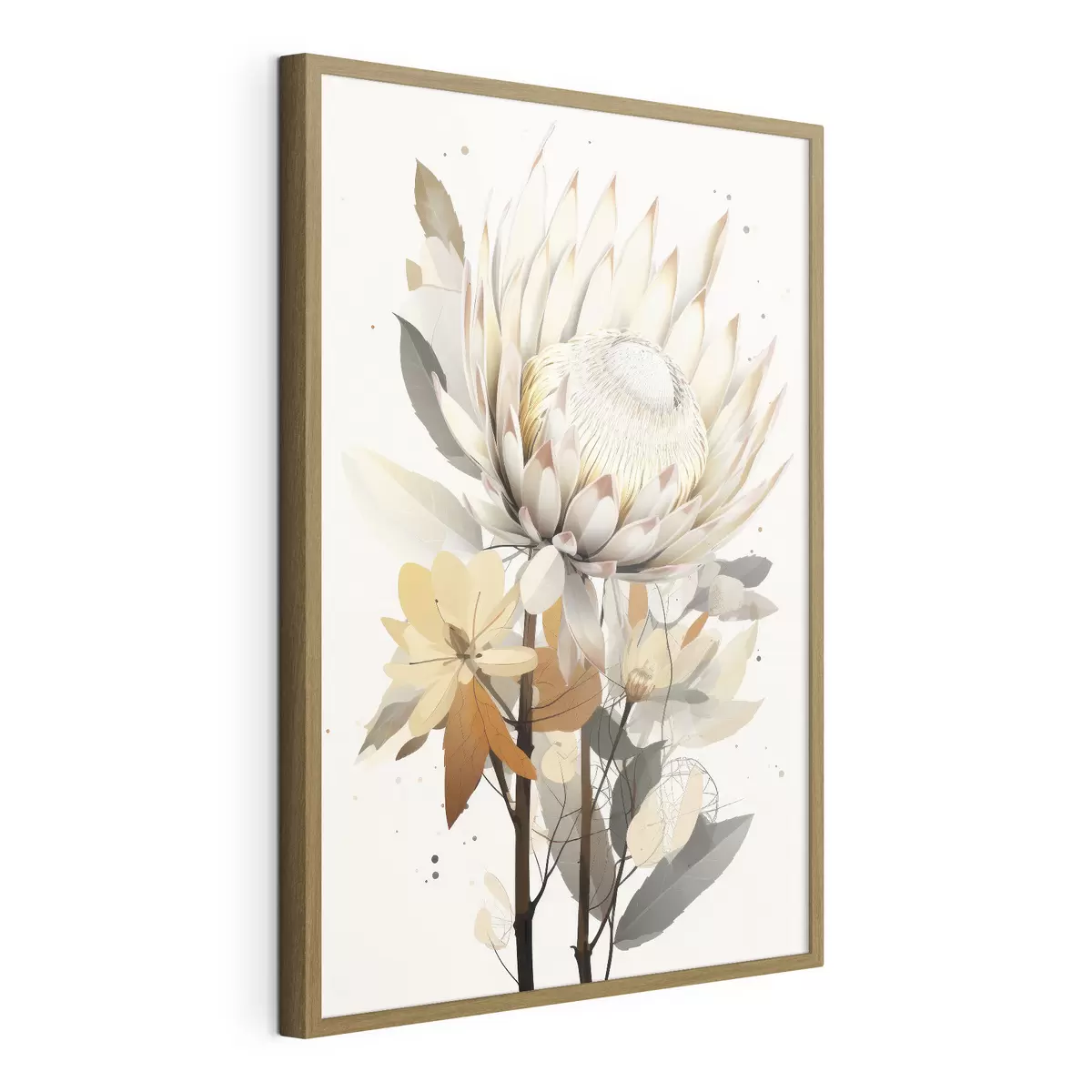 Poster Magnifiques fleurs de protéa avec des feuilles luxuriantes, couleurs douces et beiges, coton f40817