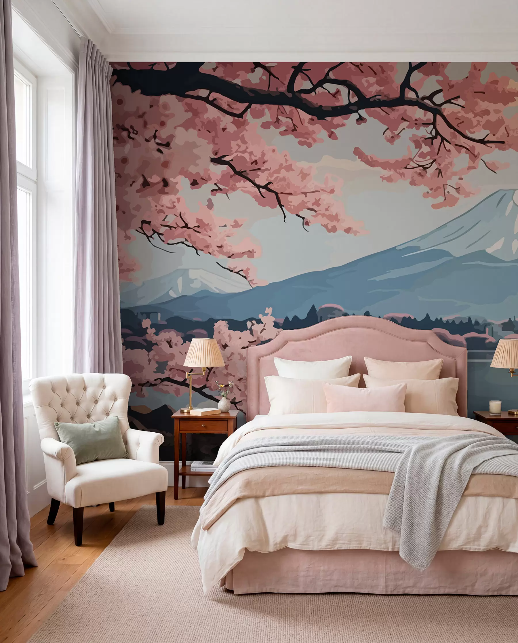 Papier peint Sakura, montagnes, aquarelle w01664