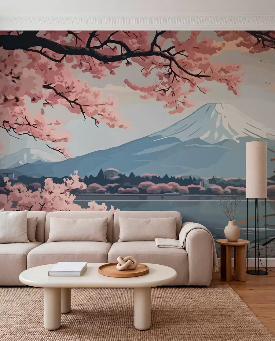 Papier peint Sakura, montagnes, aquarelle w01664