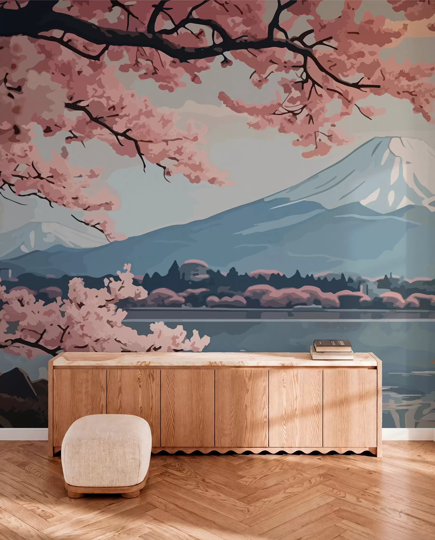 Papier peint Sakura, montagnes, aquarelle w01664