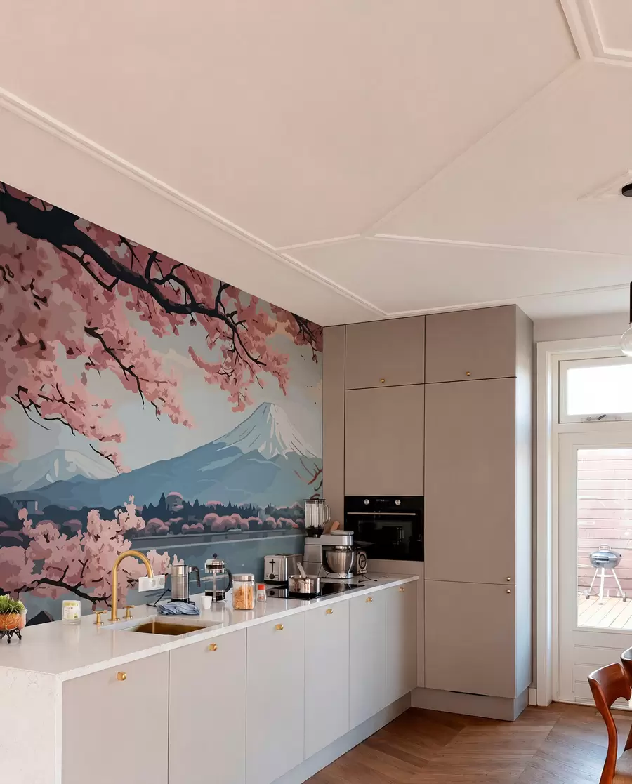 Papier peint Sakura, montagnes, aquarelle w01664