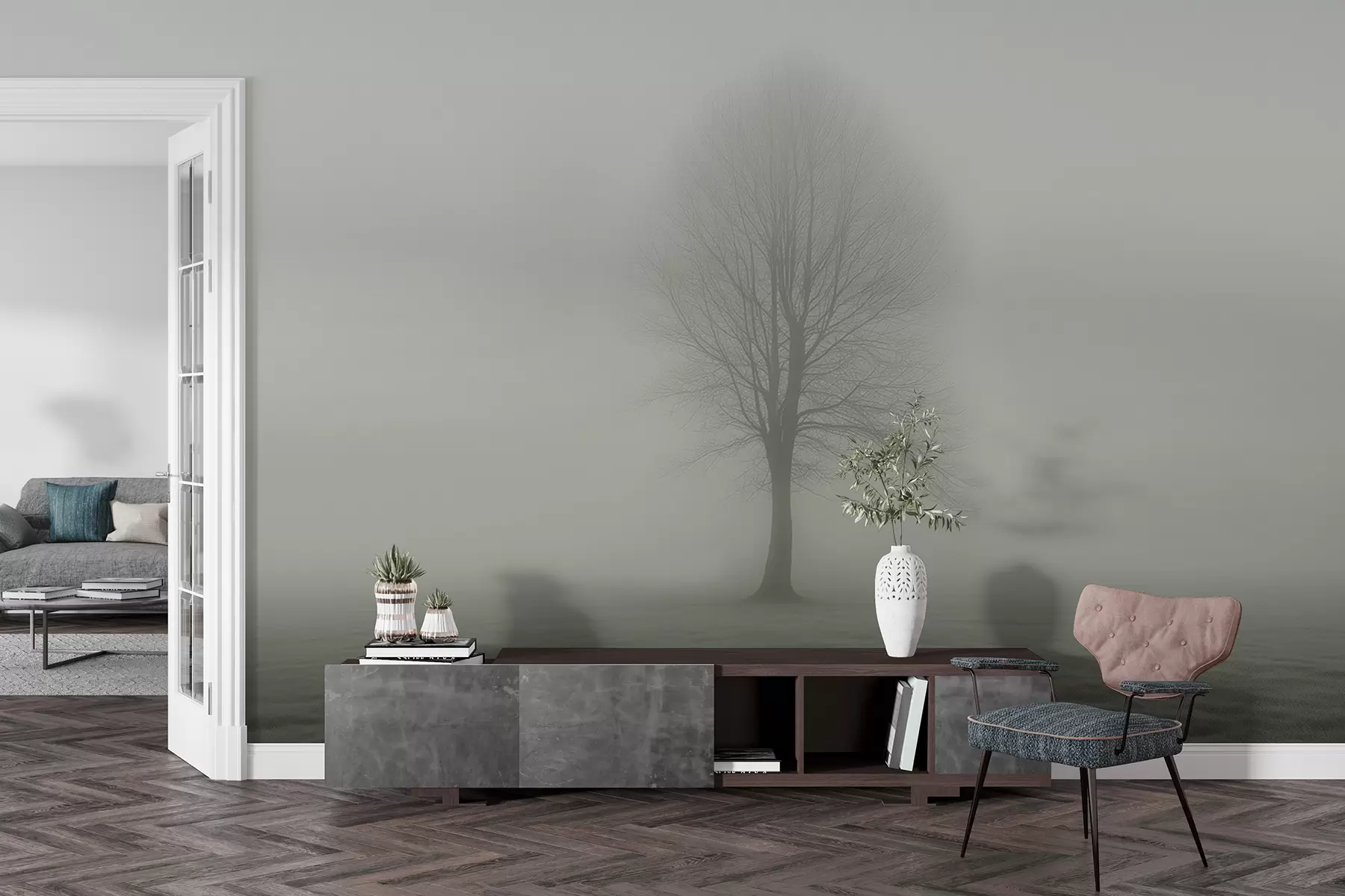 Papier peint Arbre dans le brouillard en vert foncé w01660