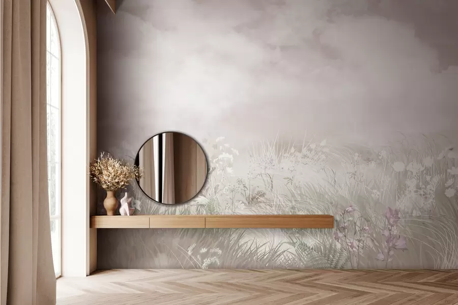 Papier peint Fleurs sauvages et herbes avec ciel et nuages rose pâle w01624v4