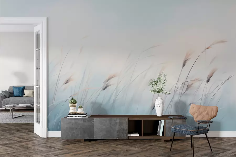 Papier peint Délicates herbes des champs sur fond bleu w01643