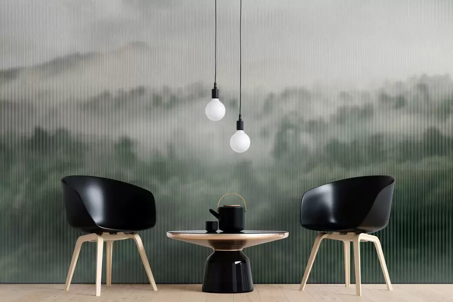 Papier peint forêt verte et brumeuse derrière la vitre w01678