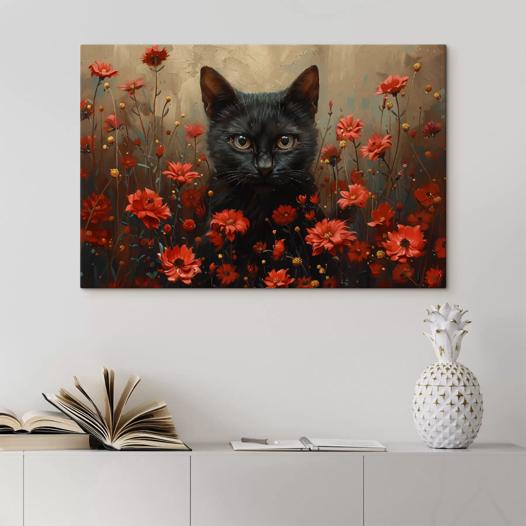 Tableau Chat, fleurs, chat noir s40839