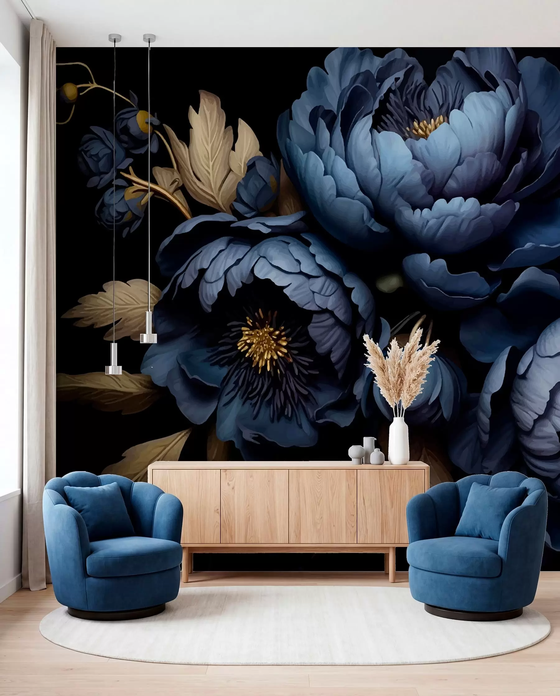 Papier peint Jardin de pivoines bleu nuit w01131