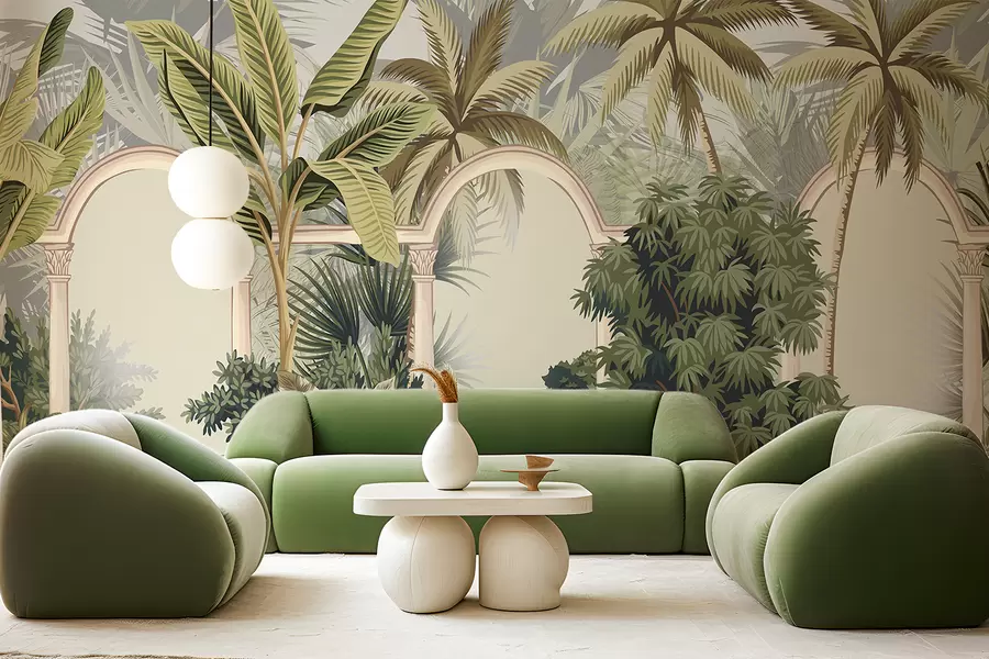 Papier peint Arches avec paysage tropical, palmiers luxuriants et autres feuillages sur fond clair w08306