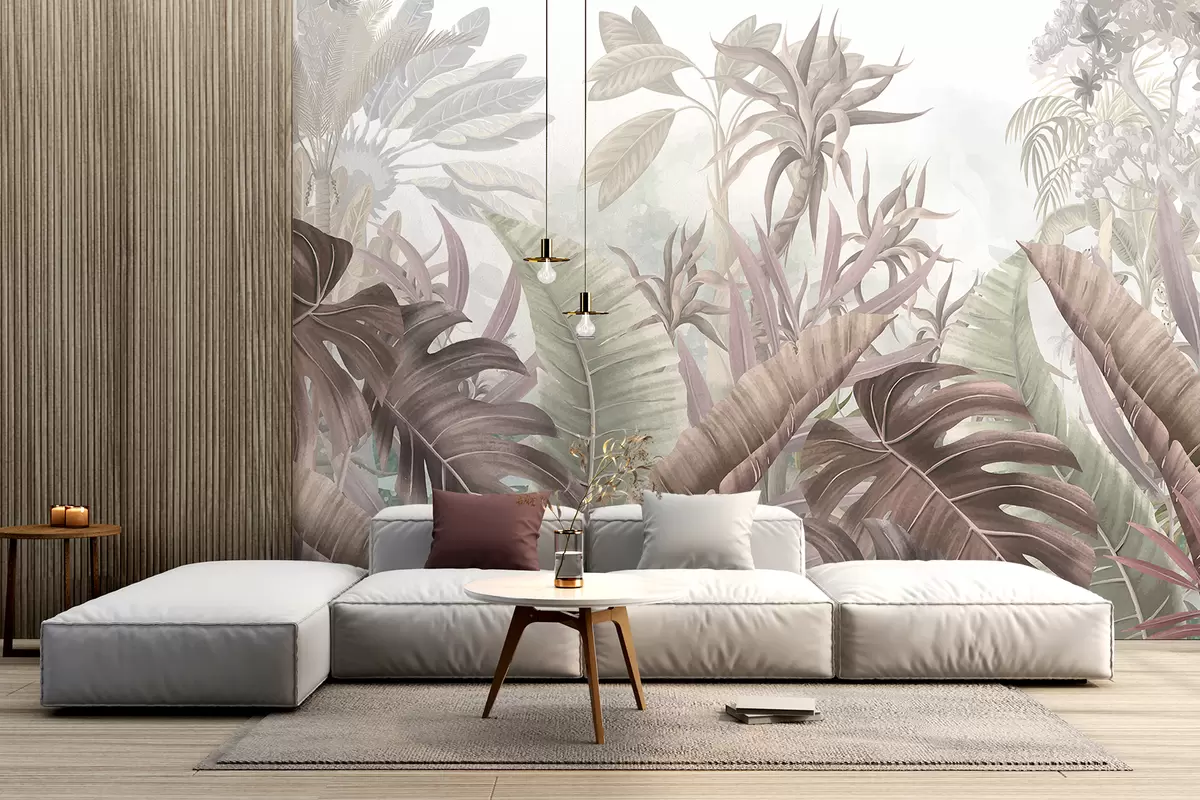 Papier peint Une jungle tropicale avec de grandes feuilles de palmier et des plantes exotiques dans des tons gris, blancs et beiges w08307