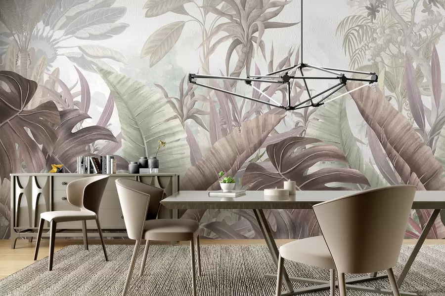 Papier peint Une jungle tropicale avec de grandes feuilles de palmier et des plantes exotiques dans des tons gris, blancs et beiges w08307