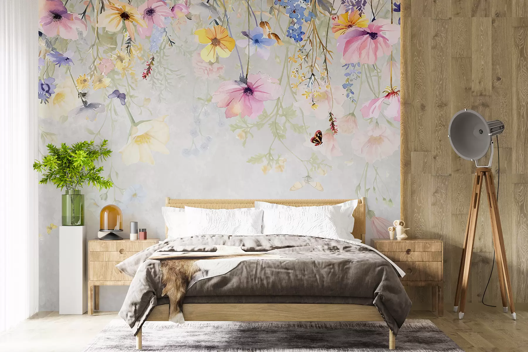 Papier peint Fleurs colorées avec des fleurs roses, jaunes et bleues suspendues au sommet sur fond gris texturé w08309