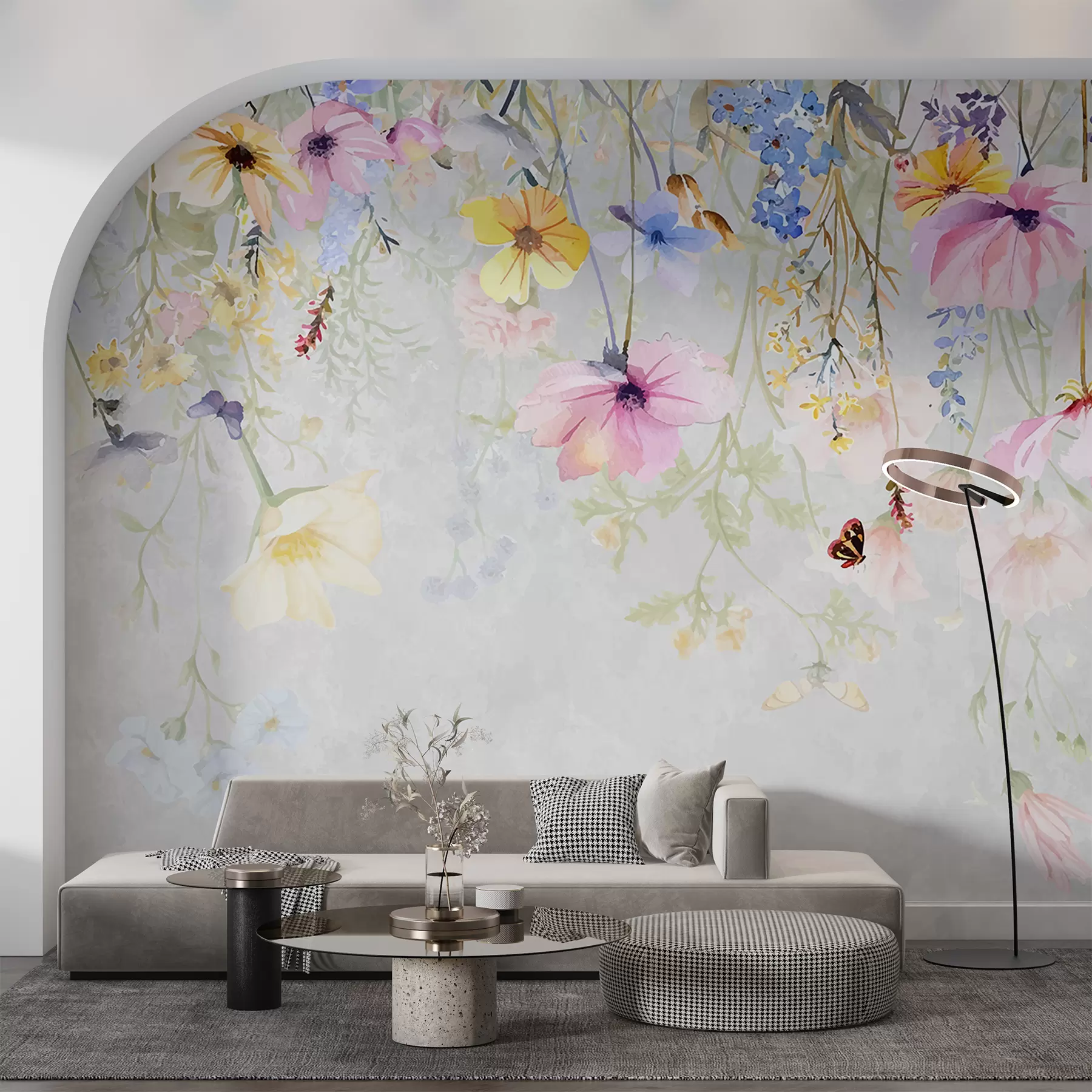 Papier peint Fleurs colorées avec des fleurs roses, jaunes et bleues suspendues au sommet sur fond gris texturé w08309