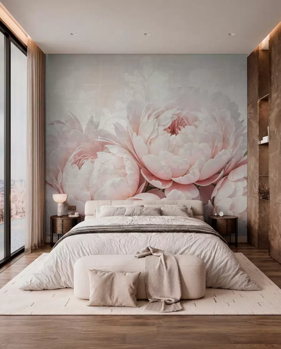 Papier peint Pivoines roses douces aux pétales délicats sur un fond vintage légèrement texturé w08312