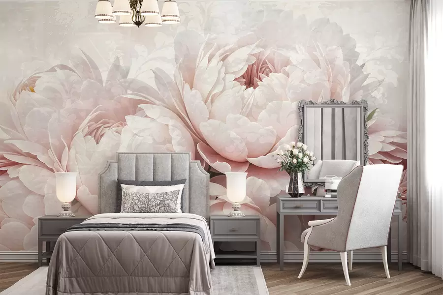 Papier peint Pivoines roses douces aux pétales délicats sur un fond vintage légèrement texturé w08312