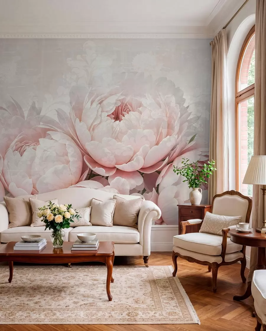 Papier peint Pivoines roses douces aux pétales délicats sur un fond vintage légèrement texturé w08312