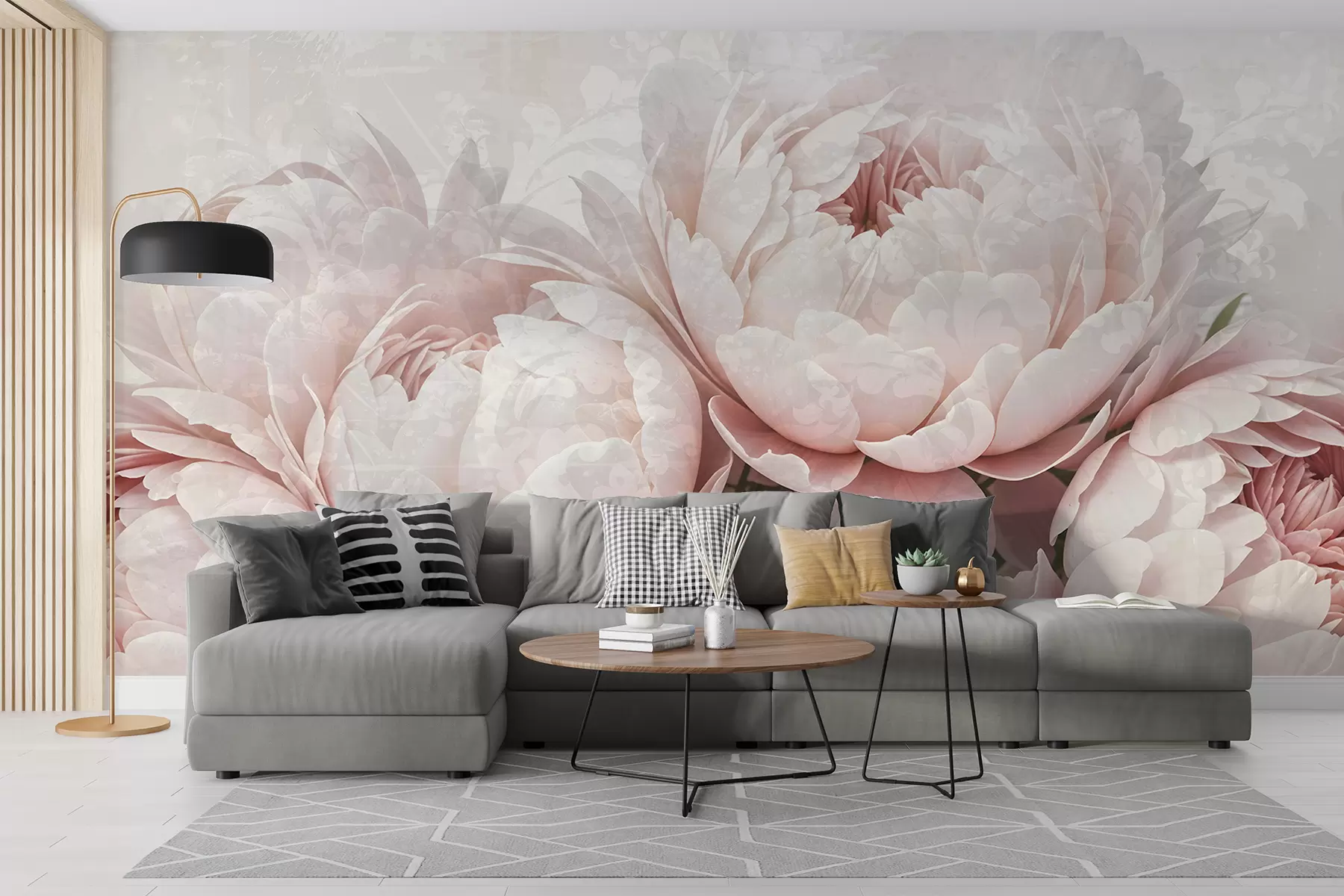 Papier peint Pivoines roses douces aux pétales délicats sur un fond vintage légèrement texturé w08312