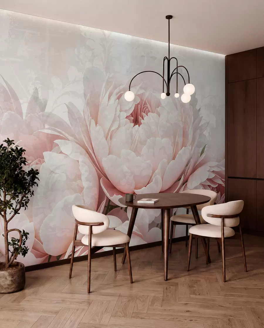 Papier peint Pivoines roses douces aux pétales délicats sur un fond vintage légèrement texturé w08312