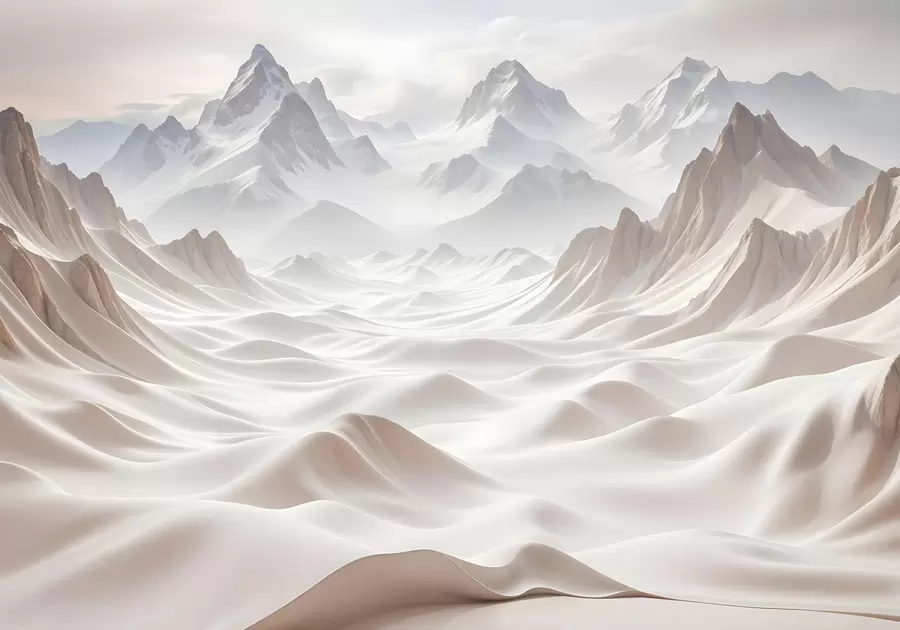 Papier peint Pics montagneux enneigés émergeant d'un paysage brumeux et éthéré de collines et de vallées ondulantes w08313