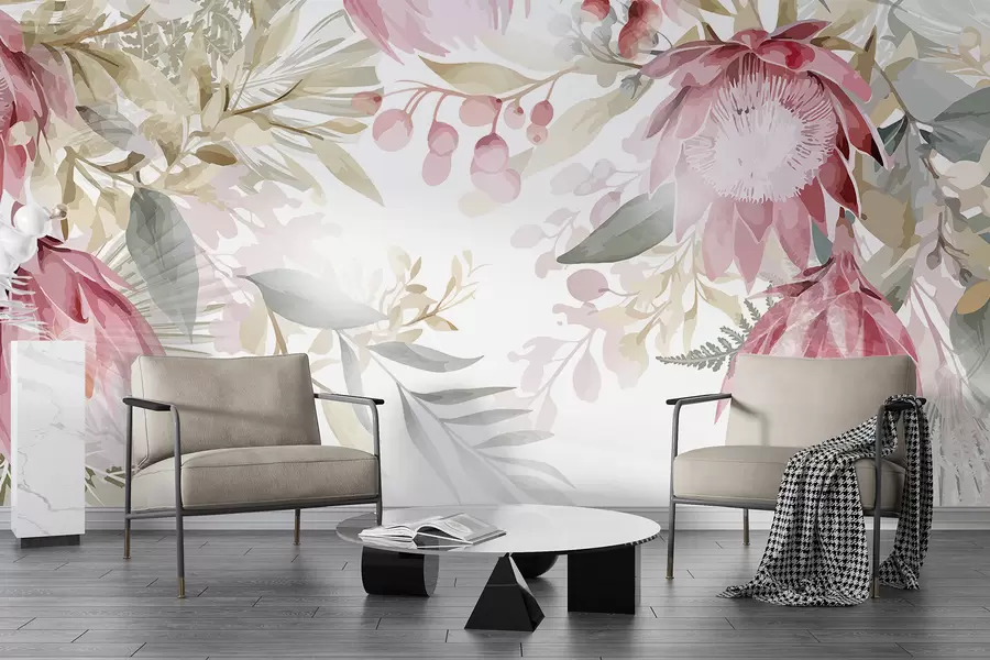 Papier peint Grands proteas roses et blancs transparents avec des feuilles vertes luxuriantes sur un fond clair w08315