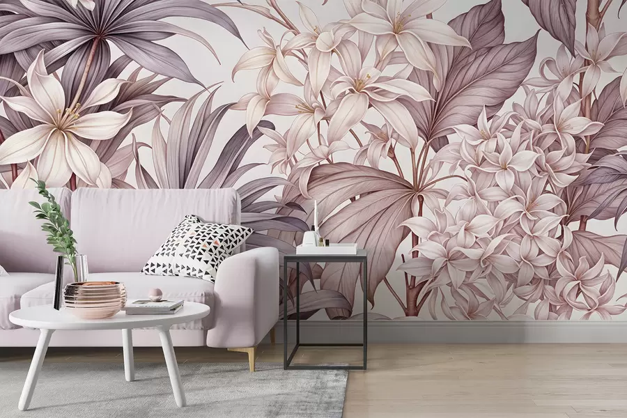 Papier peint Un imprimé floral tropical avec de grandes fleurs blanches et rose pâle, des feuilles de bordo et un fond neutre w08318v1