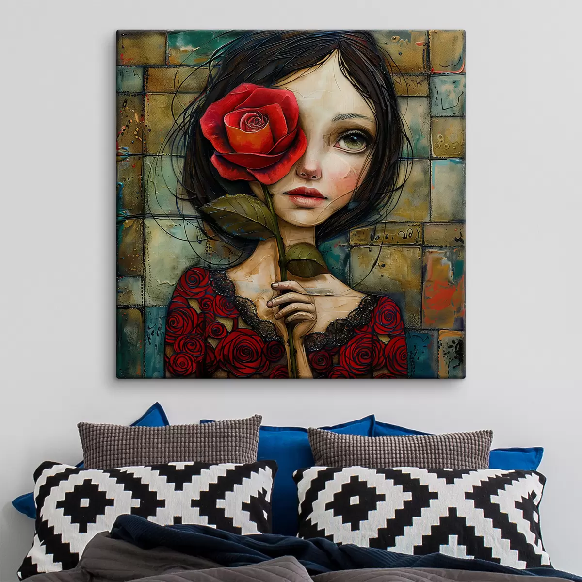 Tableau Aquarelle fille avec rose s40895