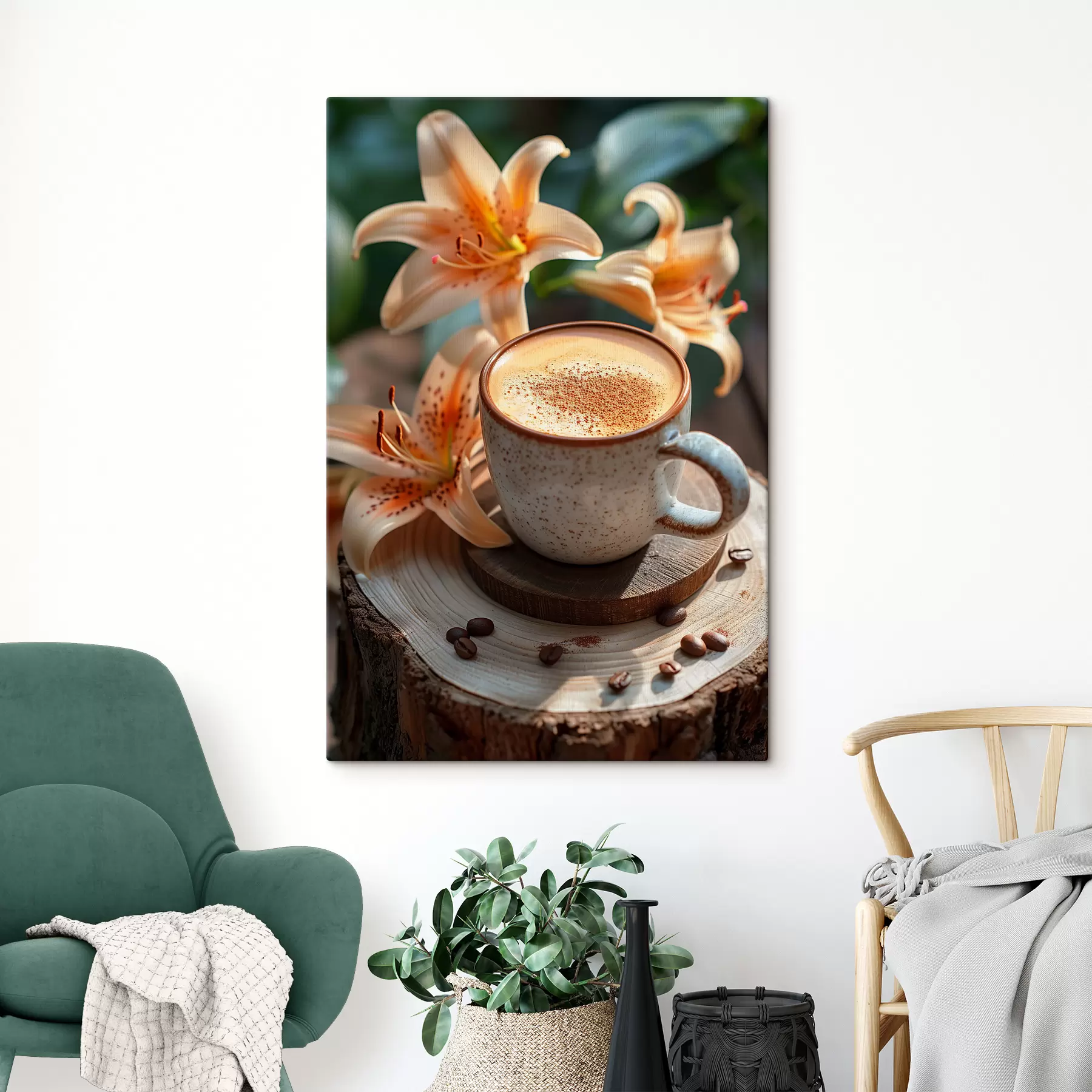 Tableau Une tasse de cappuccino dans la nature sur fond de lys s40906