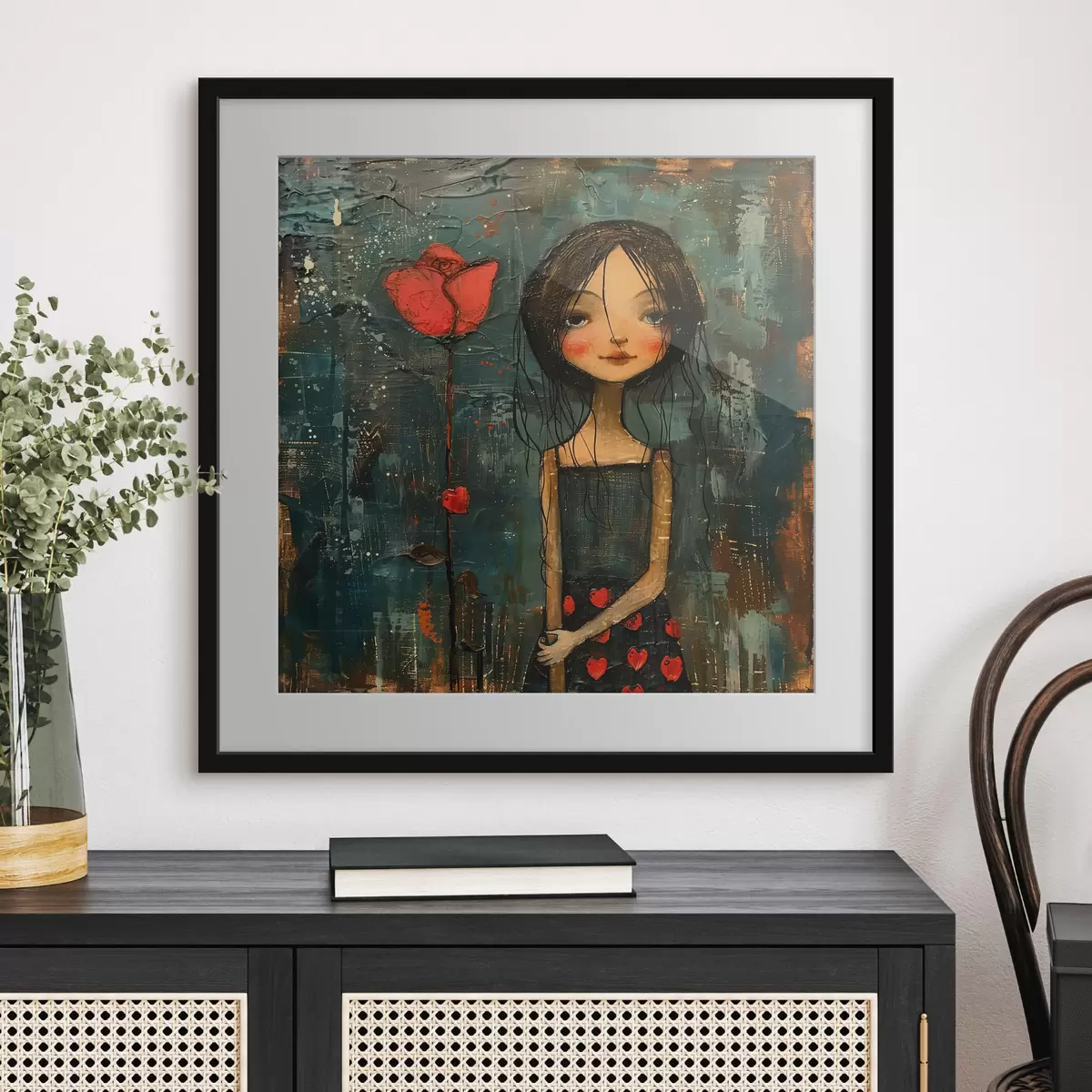 Poster Jeune fille et fleur rouge f40897