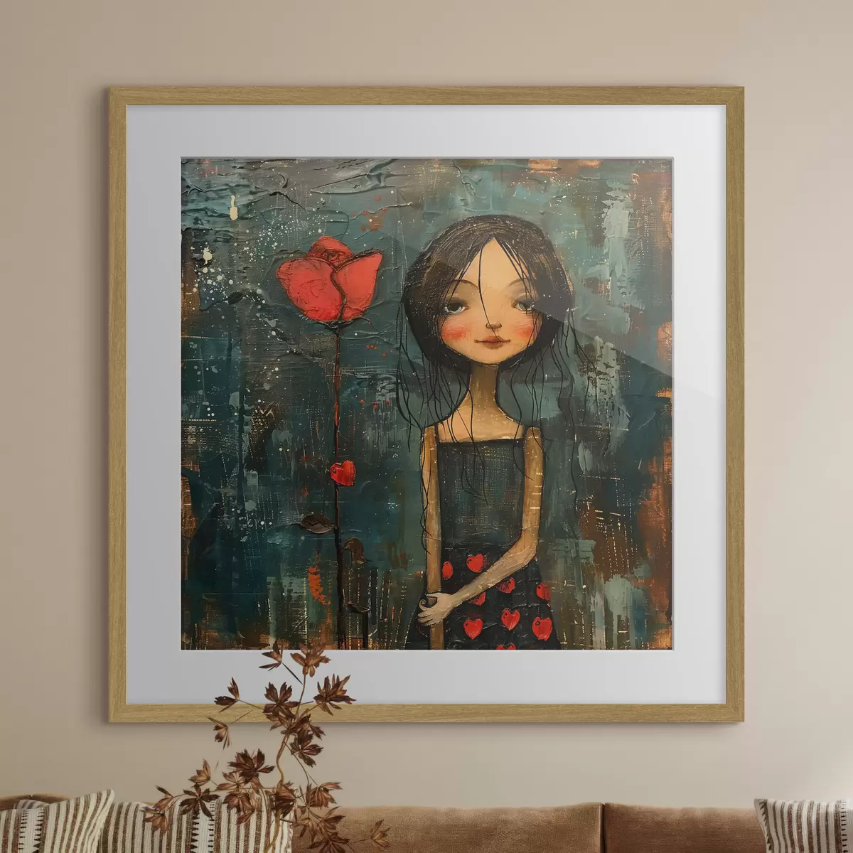 Poster Jeune fille et fleur rouge f40897