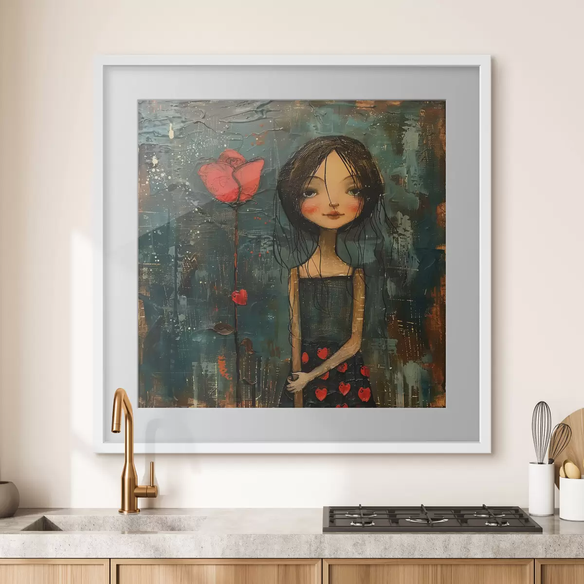 Poster Jeune fille et fleur rouge f40897