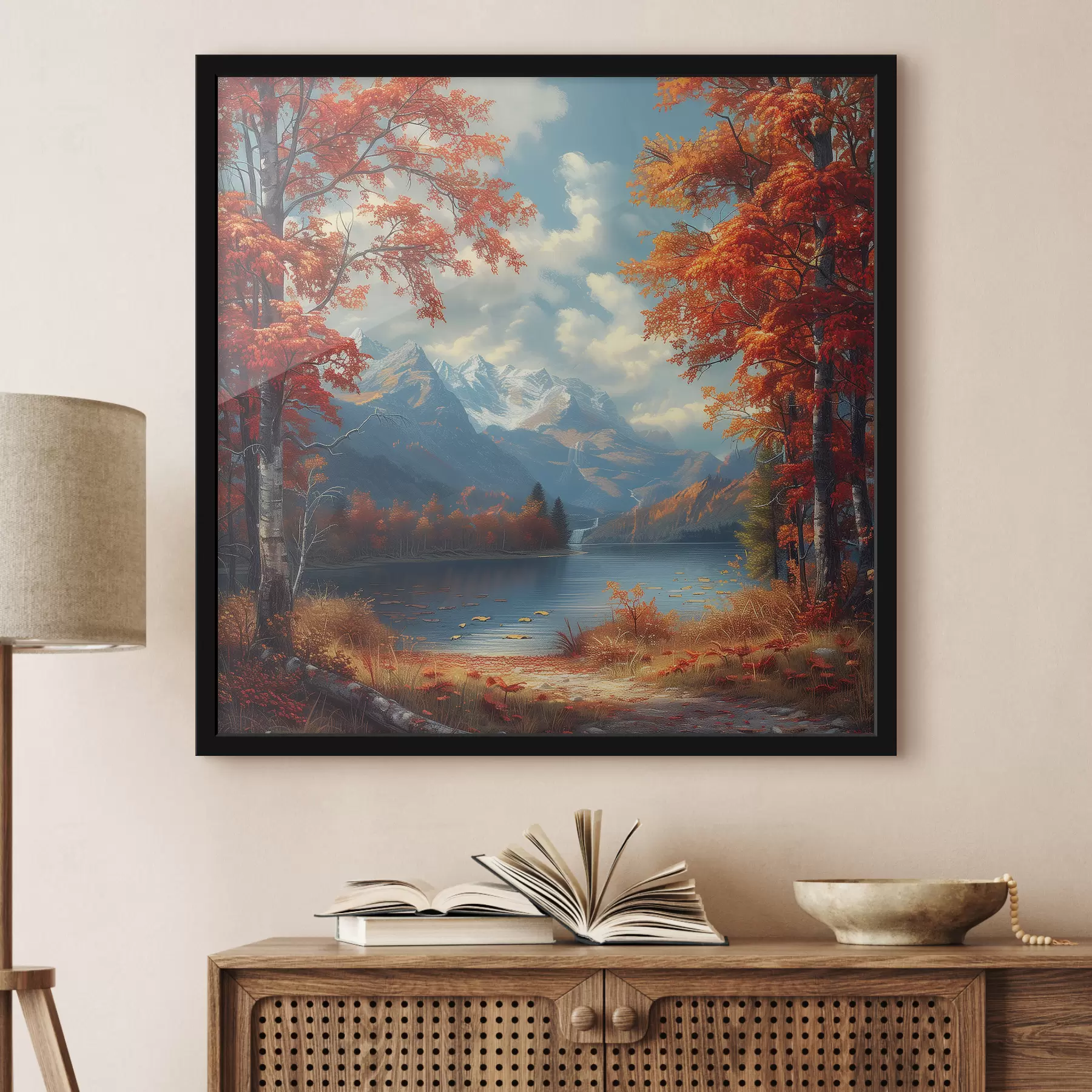 Papier peint Paysage d'automne sur fond de montagnes près d'un étang f40903