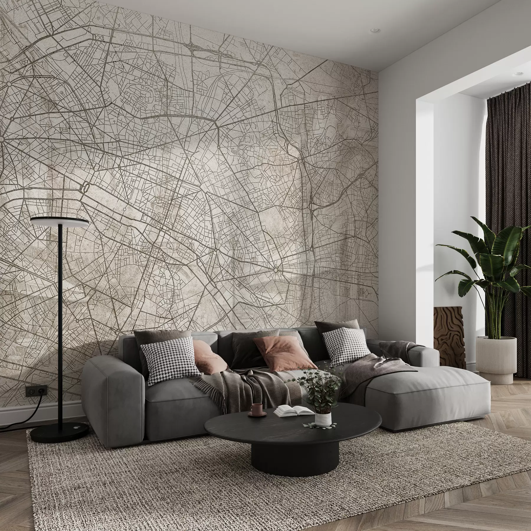 Papier peint Plan de Paris, dessin au trait, architecture, France, couleurs beiges w01697