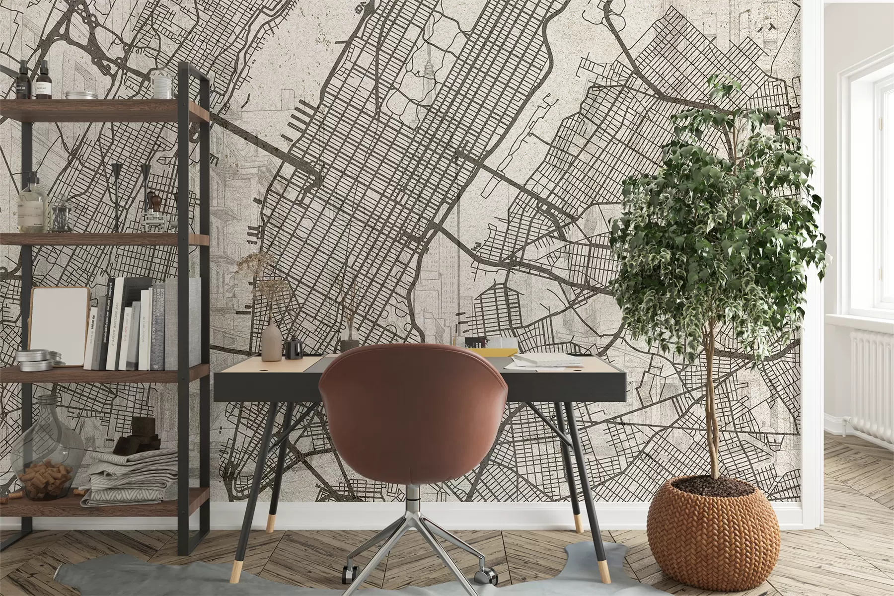 Papier peint Plan de la ville de New York, dessin au trait, architecture, couleurs beiges w01699