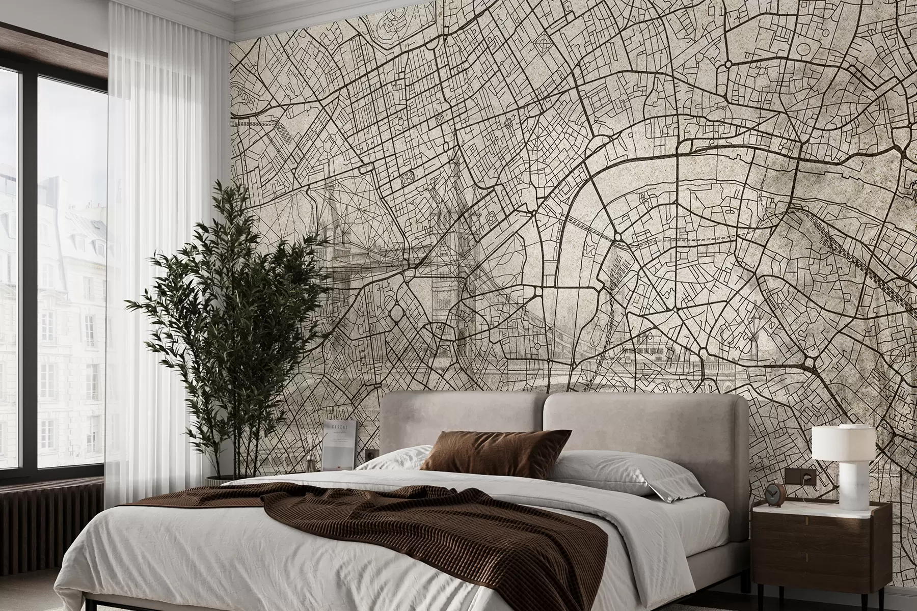 Papier peint Plan de la ville de Londres, dessin au trait, architecture, couleurs beiges w01702
