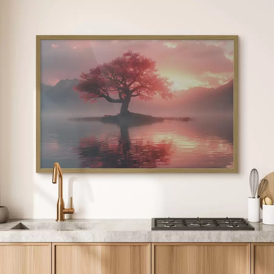 Papier peint Arbre au bord de l'étang au coucher du soleil f40934