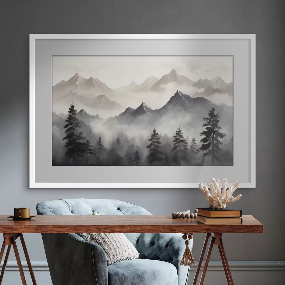 Poster Pins dans la brume des sommets f40866