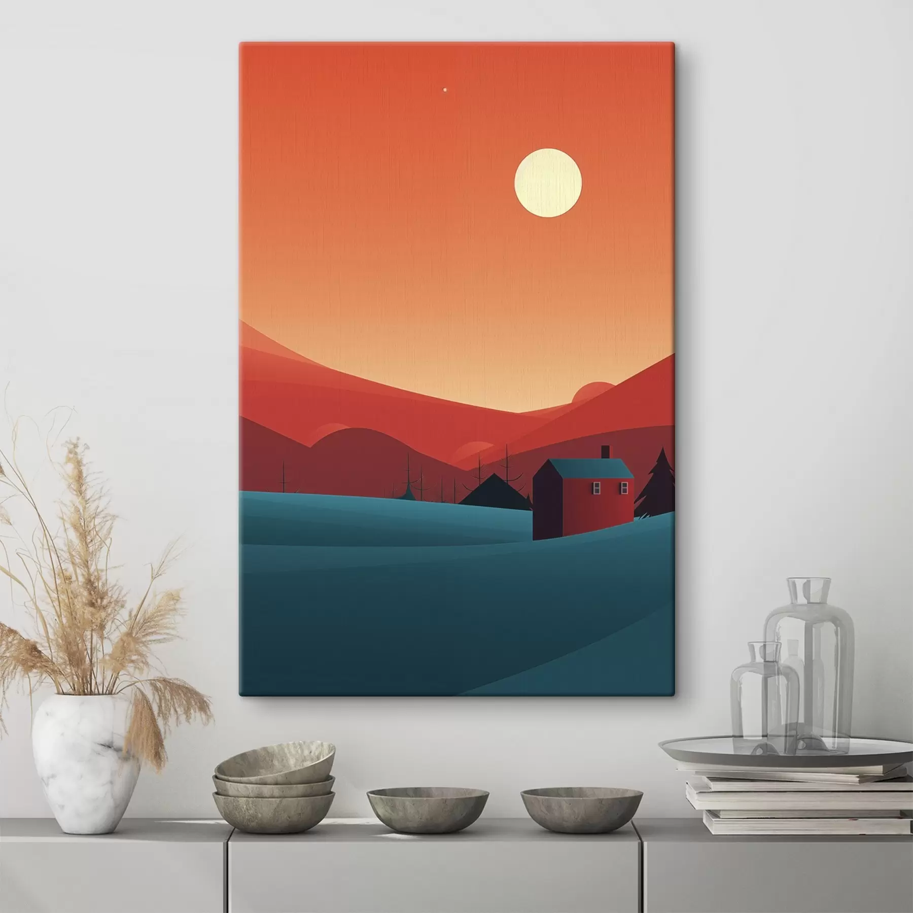 Tableau Paysage naturel minimaliste avec maison et forêt s40952